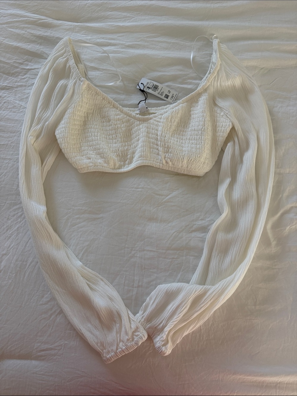 Garage White Long Sleeve Cropped Smocked Top
